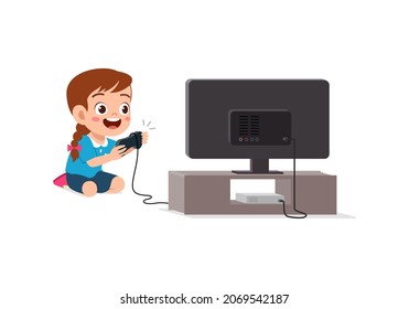 cute little girl play video game on big screen