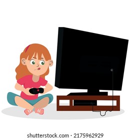 cute little girl play video game on big screen.