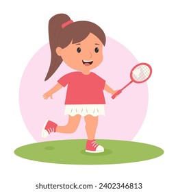 Cute little girl playing badminton. training. Summer games. Competition. Vector illustration	