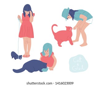 A cute little girl playing with a cat. hand drawn style vector design illustrations. 