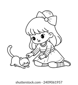 Cute Little Girl Playing With Cute Cat, Drawing Coloring Book Page