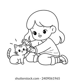 Cute Little Girl Playing With Cute Cat, Drawing Coloring Book Page