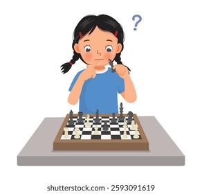 Cute little girl playing chess thinking on the strategy for next move