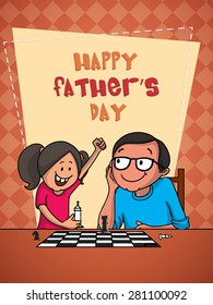 Cute little girl playing chess with her dad on the occasion of Happy Father's Day celebrations, beautiful greeting card design.