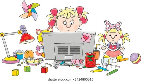 Cute little girl playing a computer game online and communicating with her friends on a social network or messenger, vector cartoon illustration isolated on a white background