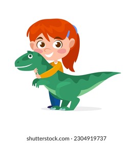 Cute little girl playing with a dinosaur plush toy isolated on white background. A redheaded child gets a green dino doll as a birthday present. Cartoon vector illustration.