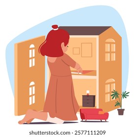 Cute little girl playing with doll house creating cozy home apartment design interior from toy furniture vector illustration. Happy childhood, best present for female kid, good games for leisure time