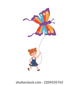 Cute little girl playing with flying butterfly kite flat style, vector illustration isolated on white background. Happy child, outdoor gaming, active leisure