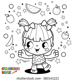 Cute little girl playing with fruits. Vector black and white coloring page. 