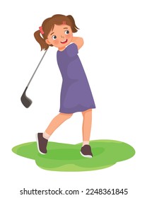 cute little girl playing golf hitting ball with golf club