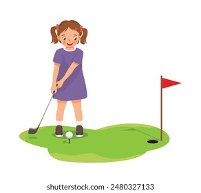 Linda niña jugando al golf listo para golpear la bola apuntando al agujero