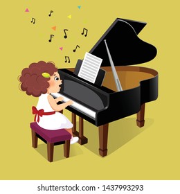 Cute little girl playing the grand piano on yellow background