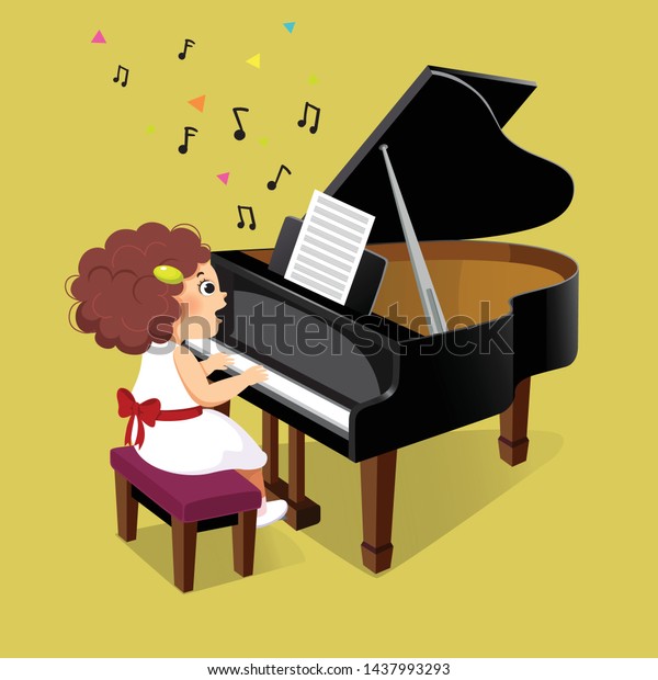 黄色い背景にグランドピアノを弾くかわいい女の子 のベクター画像素材 ロイヤリティフリー