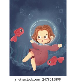 A cute little girl playing with a group of carps on the seabed.Watercolor picture book illustrations.Children's illustration characters.Romantic literature