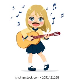 Cute little girl playing guitar instrument with happy face expression in school uniform