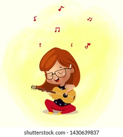 Cute little girl playing guitar instrument with happy face expression. Cartoon vector