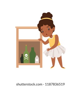 Cute little girl playing with hazardous substances, kid in dangerous situation vector Illustration on a white background