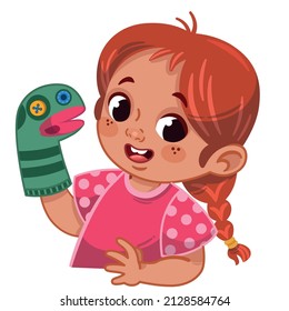 Cute little girl playing with her hand puppet. Vector illustration.