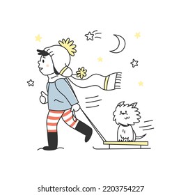 A cute little girl is playing with her dog. A child carries a pet on a sled. Winter illustration linear flat style doodle.