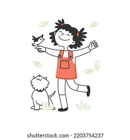 A cute little girl is playing with her dog. The child holds a bird in his hand. Spring illustration linear flat style doodle.