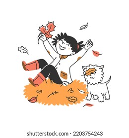 A cute little girl is playing with her dog. A child with a pet in a stack of leaves. Autumn illustration linear flat style doodle.