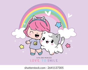 Cute little girl playing with her kitten, vector illustration for girls