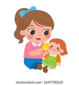 Cute little girl playing with her doll, brushing its hair with love and care in imaginative play. Child development. fun of childhood.