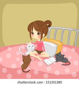 Cute little girl playing with little kittens on her bed, create by vector 