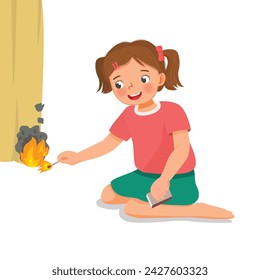 Cute little girl playing with matches set a curtain on fire