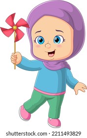 The cute little girl is playing the paper windmill of illustration