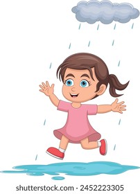 cute little girl playing in the rain cartoon