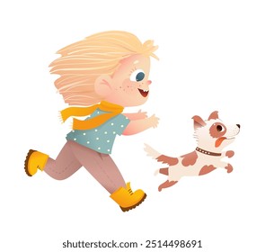 Linda niña jugando y corriendo con su perro cachorro. Niñez feliz con el amigo del perro, Pequeño niño corriendo con el perro afuera. Ilustración de personaje de Vector para niños. dibujos animados para niños.