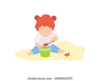 Cute Little Girl Playing in Sand with Bucket and Shovel, Kid Playing on Beach on Summer Holidays Vector Illustration on White Background.