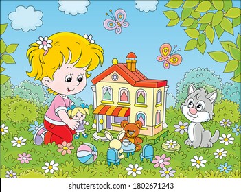 Cute little girl playing with a small doll, a bear, a rabbit and a toy house among flowers on a sunny summer day, vector cartoon illustration