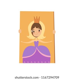 Cute little girl playing tantamaresque with the image of a princess made of cardboard box vector Illustration on a white background