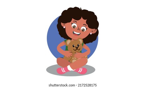 cute little girl playing with a teddy bear, illustration of a child playing.