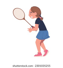Cute little girl playing tennis. Happy child beating tennis ball with racket playing sports game cartoon vector illustration