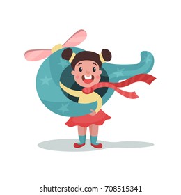 Cute little girl playing with toy airplane, kid dreaming of becoming a spaceman vector Illustration