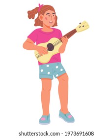 Cute little girl playing ukulele guitar, flat vector illustration isolated on white background. Children music education, musical instruments lessons topic. 