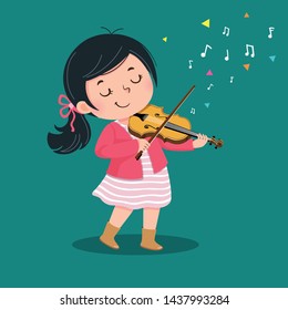 Cute little girl playing the violin on green background