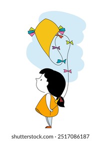 Cute little girl playing with yellow kite isolated on white background