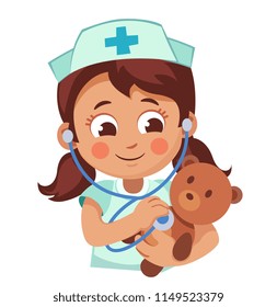 Cute little girl girl plays docto. Child with a stethoscope listens to the breathing of teddy bear. Cartoon vector illustration