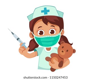 Cute little girl plays doctor with syringe and teddy bear. Cartoon vector illustration