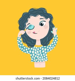 Cute little girl plays makes makeup. Fashionable character in a simple hand-drawn style on a yellow background. Vector illustration in a colorful palette, ideal for printing baby cards