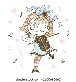 A cute little girl plays the violin. Vector.