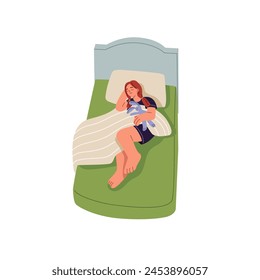 Cute little girl with plush toy in hand sleeps top view. Asleep kid lying on pillow, under blanket at night. Child has rest, naps in comfortable bed. Flat isolated vector illustration on white