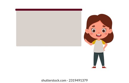 Cute little girl points his finger at the empty board. Template for children design. Cartoon schoolgirl character. Vector illustration.