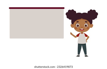 Cute little girl points his finger at the empty board. Template for children design. Cartoon schoolgirl character. Vector illustration.