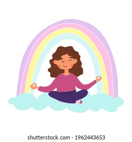 Cute Little Girl In Polka Dot Top And Joggers Sits On The Cloud And Meditates In Lotus Pose, The Rainbow Above Her Head. Positive Vibes, Calm Kid, Self Control Concept. Cartoon Vector Illustration.