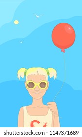 Cute little girl with ponytails wearing sunglasses with red balloon in her hand. Half body portrait.Cartoon style.Summer vacations kids poster theme.